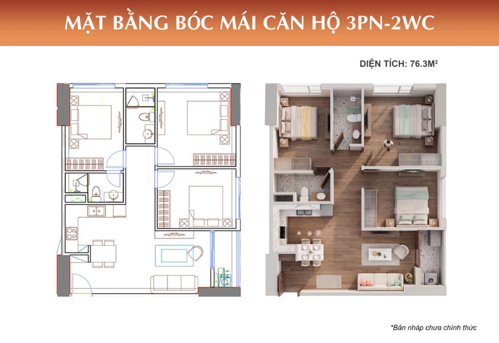 Marquee Homes | mặt bằng boc mái căn hộ 3Pn-2WC tại toàn CT2B
