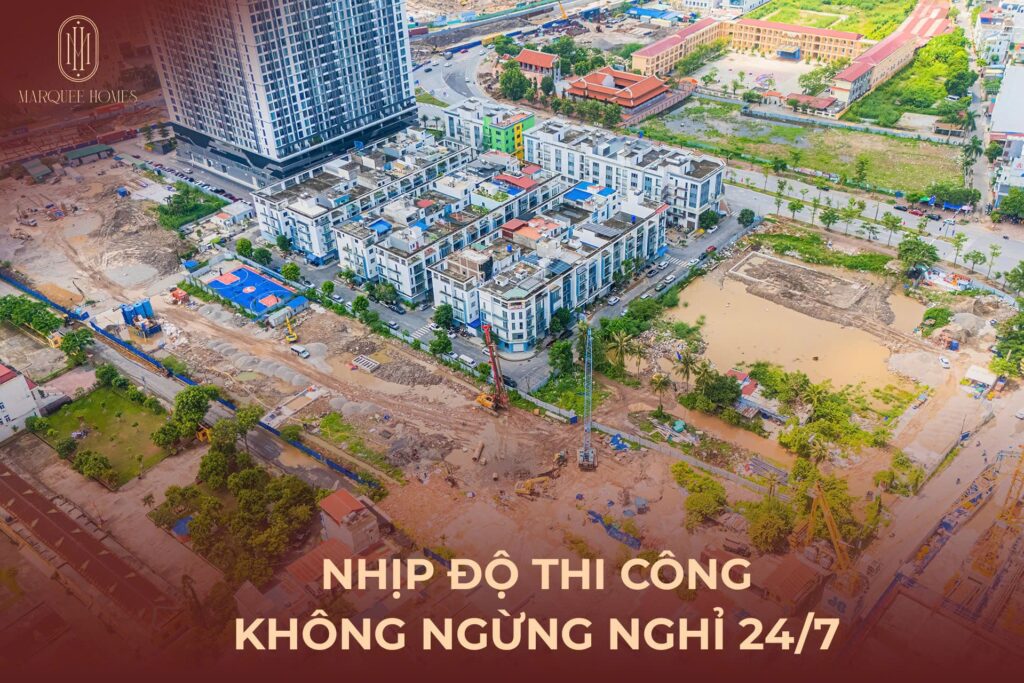 Dàn máy móc thiết bị  đồng loạt triển khai thi công cọc móng, duy trì nhịp độ 24/7 tại đại công trường Marquee Homes.